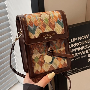 Women Retro Geometric Woven Crossbody Phone Bag PU Leather Spliced Shoulder Purse With Metal Pendant Daily Fashion Small Square Bag