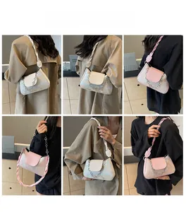Detail shots of French-style baguette bag in beige and pink with woven straps