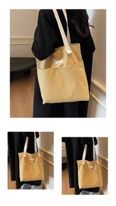 Detail of mustard yellow canvas tote bag featuring double white handles and outer pockets