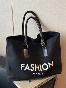 Große schwarze Canvas-Einkaufstasche mit Fashion Paris-Aufdruck und PU-Ledergriffen für Damen