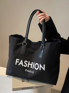 Große schwarze Canvas-Tasche mit Fashion Paris Aufdruck und Ledergriffen für Damen