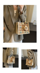 Detail of linen tote bag with geometric diamond pattern, cotton rope handle and plush charm