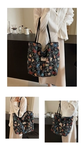 Vertical collage of a black tote bag with colorful butterfly prints in a cafe setting