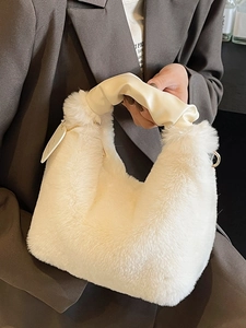 White faux fur handbag with ruched leather handle and soft cloud design style