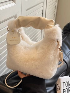 Faux fur handbag for women with pleated leather handle and detachable strap in white