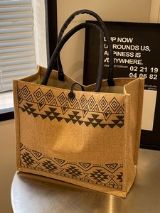 Large capacity woven jute tote bag with geometric print and rope handles for women