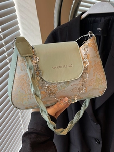 Women Fashion PU Baguette Bag Vintage Landscape Print Shoulder Bag With Flower Metal Chain And Braided Strap Underarm Bag