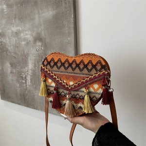 Women Ethnic Style Heart Shaped Crossbody Bag Bohemian Embroidered Tassel Shoulder Bag PU Leather Small Square Bag For Vacation Daily