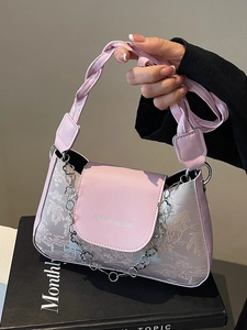 Pink and white baguette shoulder bag with landscape print and decorative chain