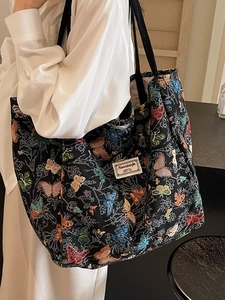 Large capacity canvas tote bag with colorful butterfly embroidery for daily commuting