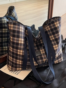 Sac Fourre-Tout à Carreaux de Grande Capacité pour Femmes Sac à Épaule en Nylon Rétro avec Étiquette de Mode Fermeture Éclair Sac à Main