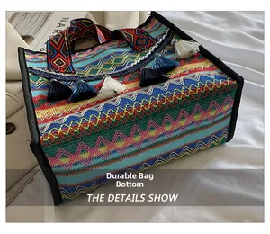 Detail of the colorful woven fabric and blue tassel on a bohemian tote bag