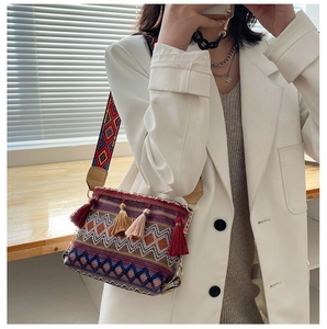 Detail of ethnic style woven crossbody bag with colorful tassels and wide patterned strap