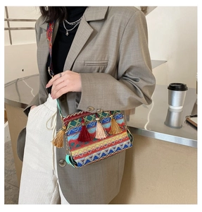Detail view of ethnic crossbody bag with geometric embroidery and colorful tassels
