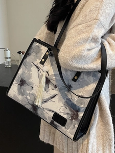 Sac Cabas Grande Capacité Minimaliste Français Automne Hiver Imprimé Floral Encre Sac à Bandoulière Cuir PU Avec Gland