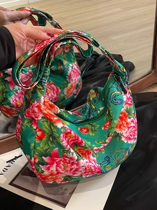 Ethnic style green satin hobo bag with pink peony and peacock patterns for women