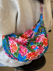 Hobo bag with traditional peony and phoenix print, crescent shape with adjustable strap