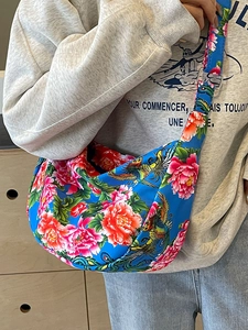 Ethnic style shoulder bag with floral embroidery and adjustable strap for women
