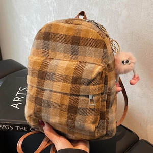 Cute plaid mini backpack with fuzzy monster charm for women, 2024 autumn collection