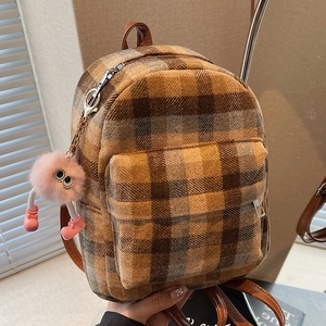 Cute plaid mini backpack with plush monster pendant and classic check pattern for women