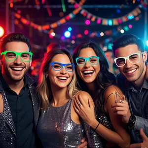 Gafas luminosas de fiesta en verde, azul y blanco usadas por jóvenes en un ambiente festivo