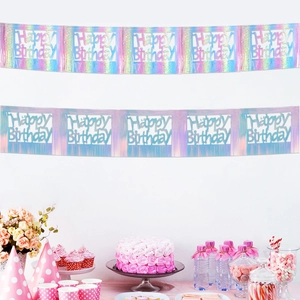 Iridescent hollow Happy Birthday banner for party background with colorful tassel accents
