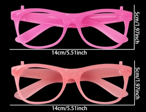 Dimensiones detalladas de monturas de gafas de fiesta rosa con 14cm de ancho y 5cm de alto