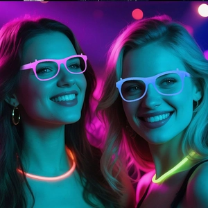 Gafas LED luminosas y varitas fluorescentes usadas por modelos en un club de estilo neón