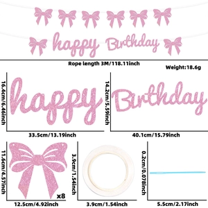 Pink glitter Happy Birthday banner set with butterfly decor and assembly accessories