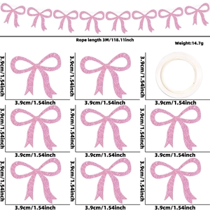 Detail view of pink glitter bow garlands with dimensions 3.9cm and 3m long hanging string