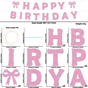 Pink glitter Happy Birthday banner set with bow accents and dimension details