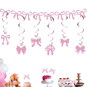 Pink glitter bow hanging swirls kit for girls' birthday party cake decorations