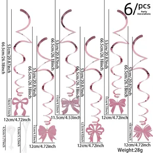 Pink glitter bow swirl decorations set of 6 with detailed size labels for party decor