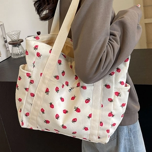 Women Corduroy Strawberry Print Large Capacity Tote Bag Casual Printed Shoulder Handbag Soft Urban Shopper School Bag