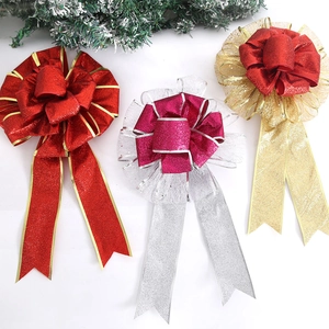 Three-piece large glitter velvet Christmas bows in red and gold for holiday tree decoration