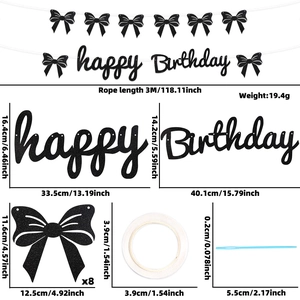 Detail set of black glitter Happy Birthday banner with bows and assembly accessories