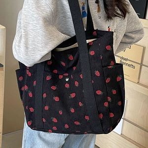 Large capacity black corduroy tote bag with strawberry print and shoulder straps