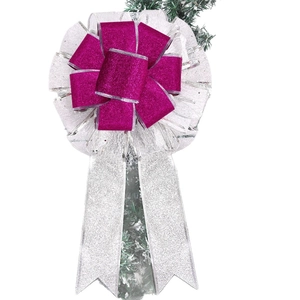 Sparkly pink and silver velvet Christmas bow ornament with glitter tails for holiday tree decor