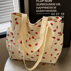 Large capacity corduroy tote bag with strawberry print and side pockets for women
