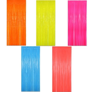 Five-piece vibrant neon foil fringe curtains in red pink orange yellow and light blue