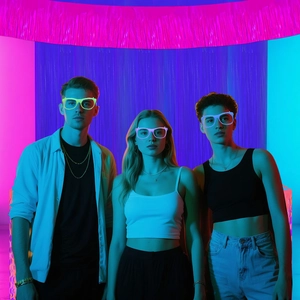 Three glowing LED party glasses in neon yellow, pink, and blue worn by models