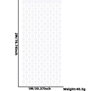 Detailed size chart for white laser bow fringe curtain measuring 1x2 meters for parties