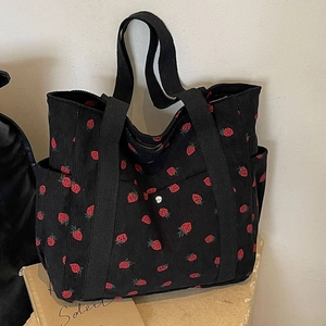 Black corduroy tote bag with red strawberry prints and large capacity storage