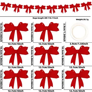 Size chart for red felt bow party banner set with 3M rope and 12.7cm bow dimensions