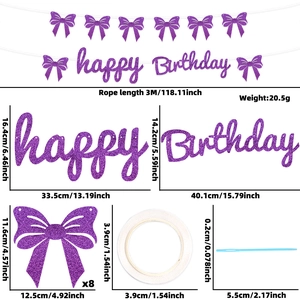 Detail of purple glitter Happy Birthday banner with dimensions and bow decorative components