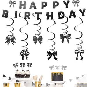 Elegant black sequin happy birthday party banner and spiral bow decoration set