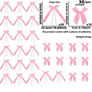 Pink satin bow decoration set in two sizes with dimensions and adhesive pads