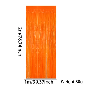 Detailed dimensions of orange foil fringe curtain measuring 1m width by 2m height for party décor