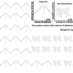 Detailed size chart for 30pcs white satin bow set with large and small dimensions