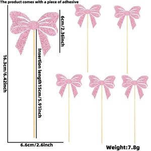 Pink glitter butterfly cake toppers with stick dimensions and adhesive stickers